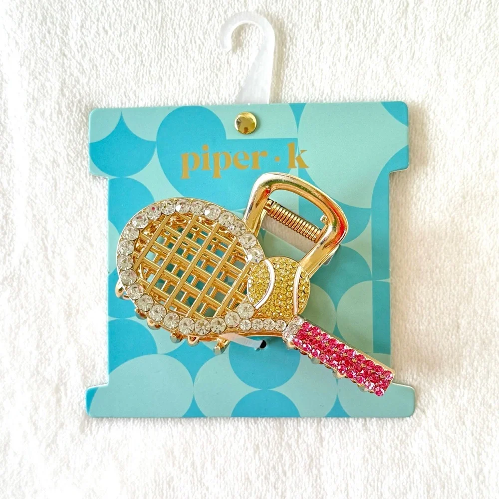 Piper K Gold and Pink Rhinestone Tennis Racket Hair Claw Clip
